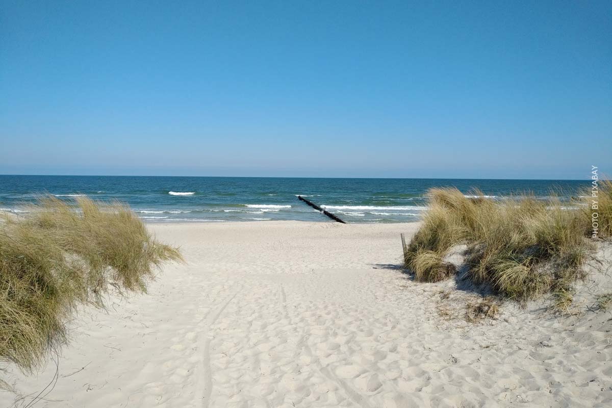 Un camino de arena conduce a la playa y al mar