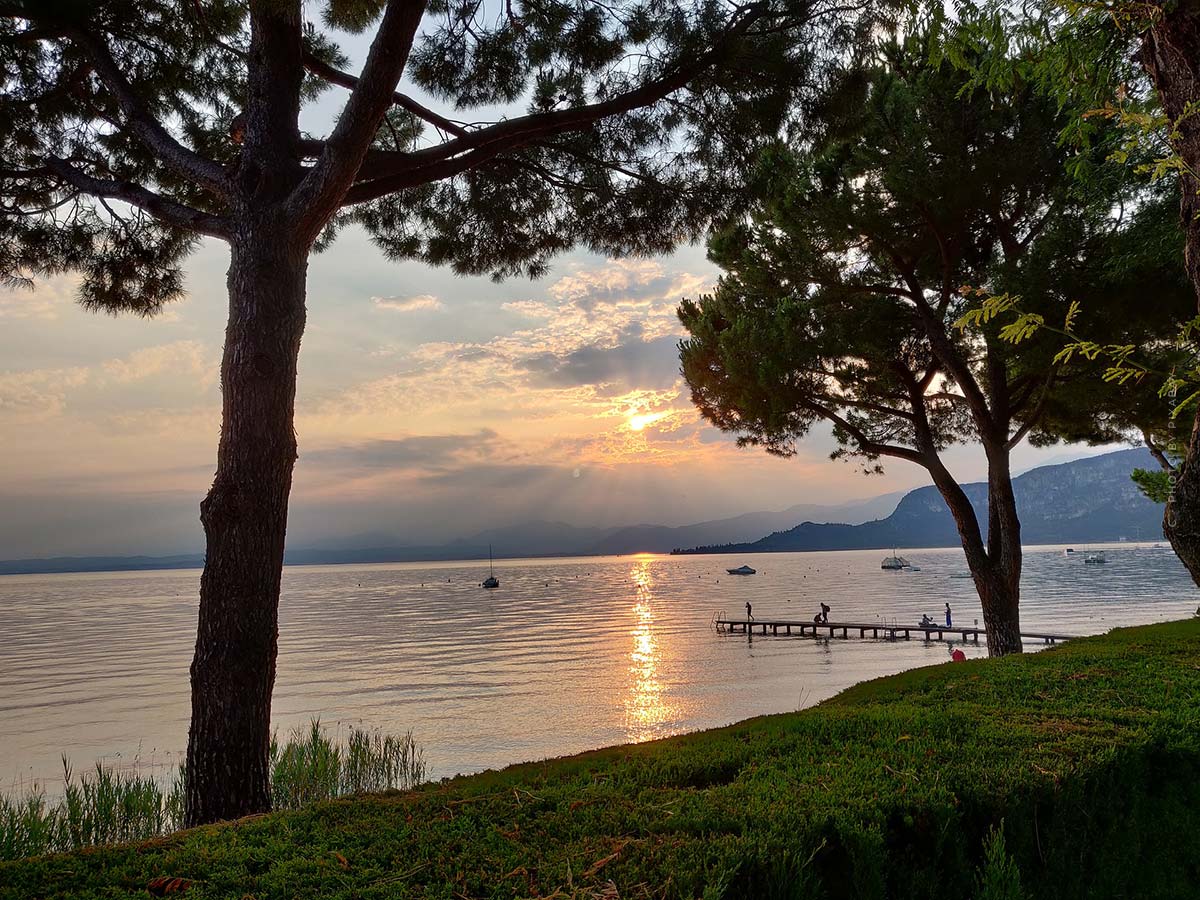 La puesta de sol sobre el lago está enmarcada por dos árboles.